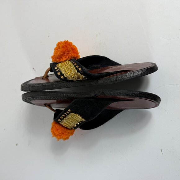 Traditional Ethnic Ahenema Sandals Size 8 Leather Slippers Orange Pom Ghanaian - Picture 7 of 16